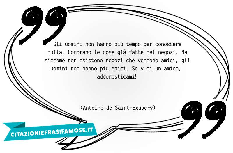 Gli uomini non hanno più tempo per conoscere nulla. Comprano le cose già fatte nei negozi. Ma siccome non esistono negozi che vendono amici, gli uomini non hanno più amici. Se vuoi un amico, addomesticami!