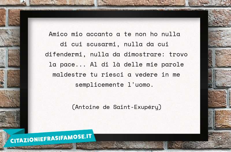 Amico mio accanto a te non ho nulla di cui scusarmi, nulla da cui difendermi, nulla da dimostrare: trovo la pace... Al di là delle mie parole maldestre tu riesci a vedere in me semplicemente l'uomo.